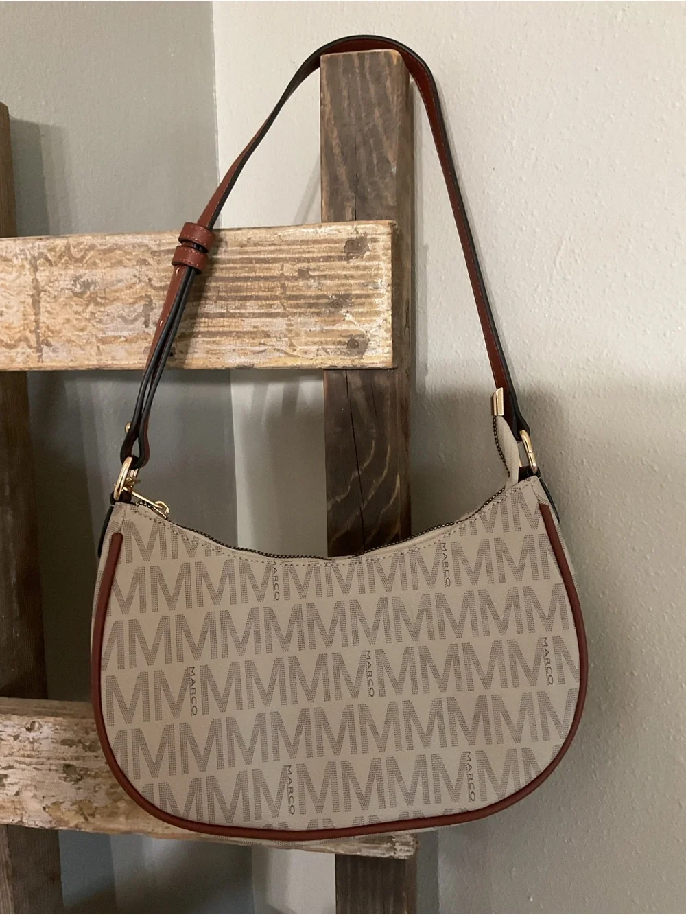 Monogram Crescent Shoulder Bag in Beige with Brown Trim